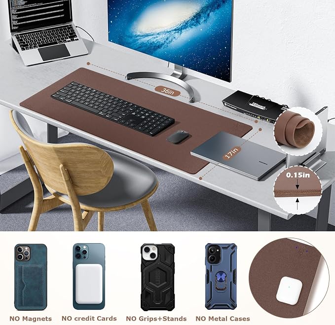 Wireless Charging Mouse Pad 2 in 1 Leather Multifunctional Office Desk Pad with Non-Slip Rubber Base, Waterproof Desk Pad for Computers/Office/Work/Home/Decor 36" x 17" Brown
