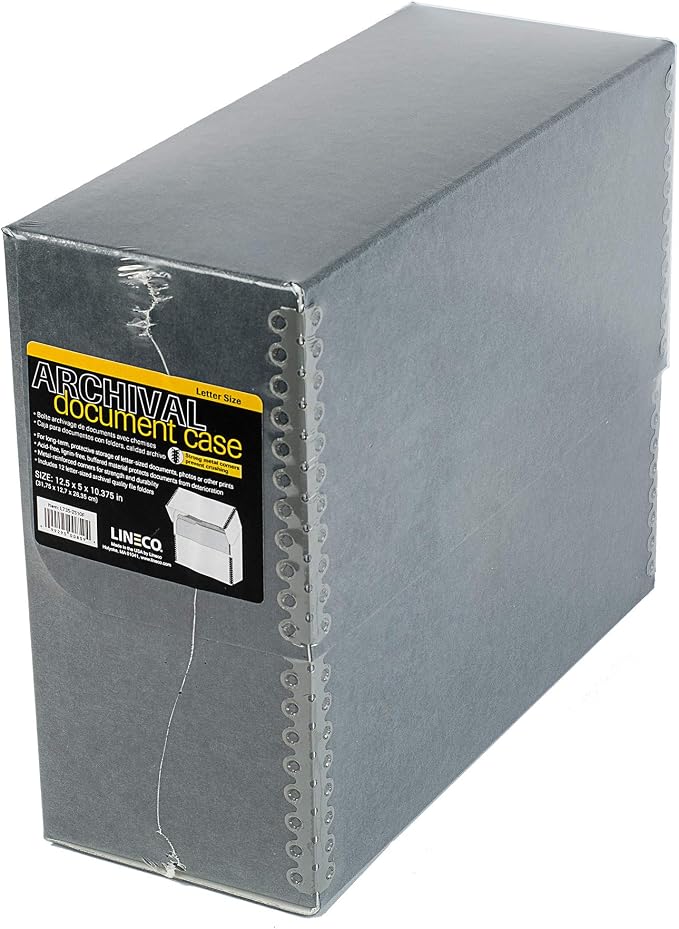 Lineco Archival Document Storage Box, Gray, 12.5" x 10.5" x 5" | Letter-Sized, Metal Edge, Acid-Free Boxboard Case, Includes 12 Folders, Organize Files, Prints, Photos
