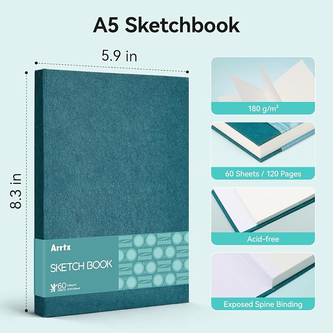 Arrtx Premium Sketch Book A5 (120 Pages, 180 GSM) - Thick Acid-Free Drawing Paper, Hardcover Art Sketch Pad | 8.3” x 5.9” | Ideal for Artists, Students, Professionals