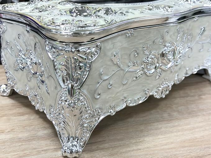 Luxurious Rose Tissue Box with Imitation Diamonds,Silver-White | Embossed Flowers，9.45"x5.43"x3.94"，Elegant Tissue Paper Holders，for Home Toilet Bath Hotel