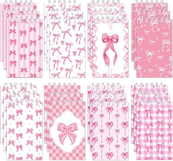 Faccito 24 Pieces Nautical Mini Notebooks Nautical Theme Spiral Small Notepads Anchors Pocket Journals Notebooks for Birthday Party Classroom Rewards Office (Pink Bow Style)