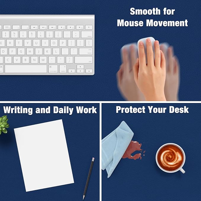 Hsurbtra Desk Pad, 23.6" x 13.8" PU Leather Desk Mat, M Extended Mouse Pad, Waterproof Desktop Blotter Protector, Non-Slip Ultra Thin Small Laptop Keyboard Writing Mat for Office Home, Navy Blue