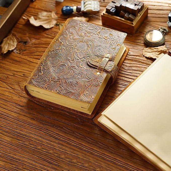 Acidea Leather Journal Notebook, 200 Sheets(400Pages) Kraft Paper Embossed Sketchbook, Genuine Leather Handmade Bound Travel Writing Journal Dairy, Gift for Men, Women (Vintage Brown, 7.5"x 5.5")