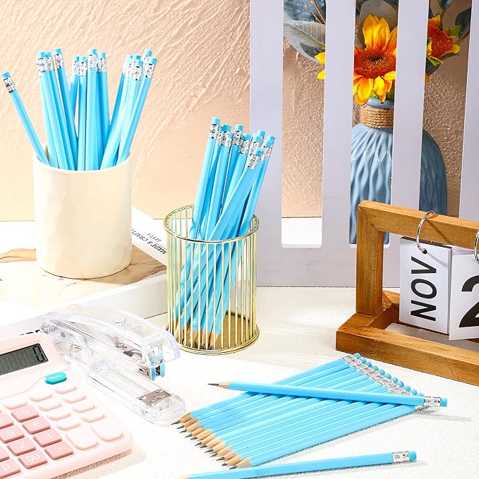 Tinlade 50 Pcs Blue Triangular Grip Pencils Wood Wedding Pencils HB Graphite Pencil Pack Eraser for Baby Shower Drawing Sketching Bridal Shower Office Supplies