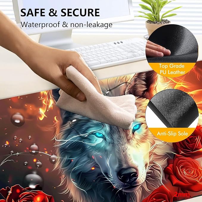 Heated Mouse Pad with 3 Levels Heated & 3 Hours Auto Shut-Off Mouse Pad for Warming Hands in Office Home, 23.6" x 14.2"Large Safe Desk Mat Hand Warmer，Wolf Rose