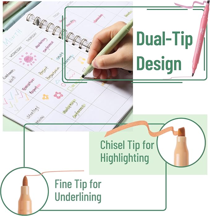 Mr. Pen- Dual Tip Highlighters, 8 Pack, Fine & Chisel | Cute Highlighters Assorted Colors, Dual Tip Markers