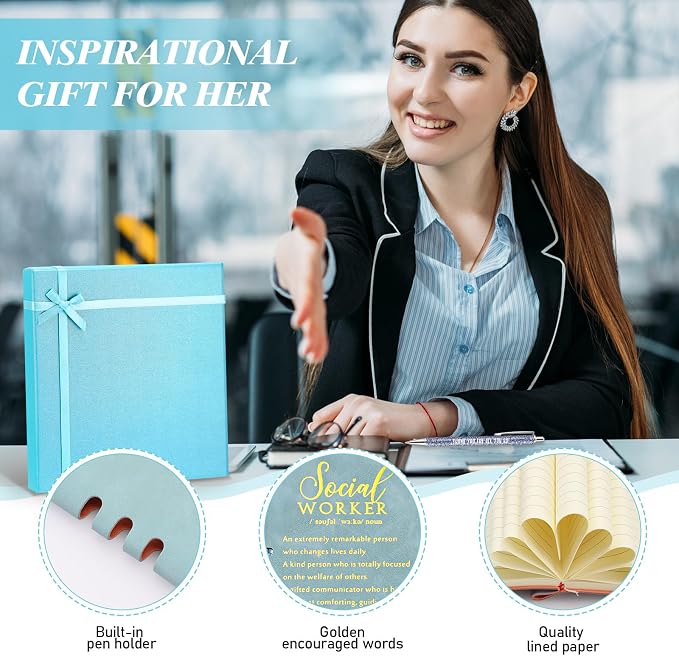 Resurhang 5 Pcs School Social Worker Must Haves Office Supplies Gift Leather Journal Notebook 3 Ballpoint Pens with Box Thank You Social Work Appreciation Gift for Bsw Msw Dsw(Blue)