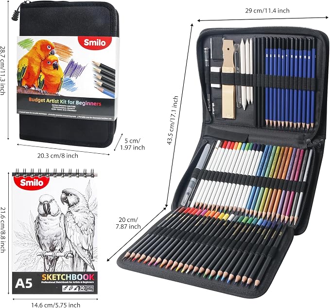Smilo 76-Piece Art Supplies Sketching Kit with Sketchbook and Travel Case | Graphite Charcoal Watercolor Metallic and Woodless Pencils, Art Knife, Sandpaper Block, Drawing Set for Adults and Beginners