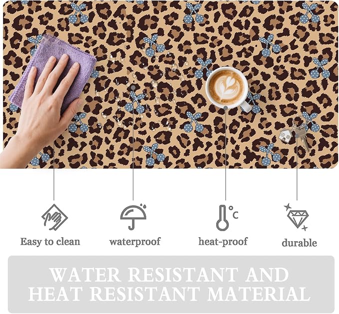 Cherry Leopard Print Leather Desk Mat Extended Gaming Mouse Pad | Non-slip Large Writing Pad Laptop Blotter Computer Keyboard Mat | Cute Brown Desk Protector for Home Office 23.6" x 11.8"