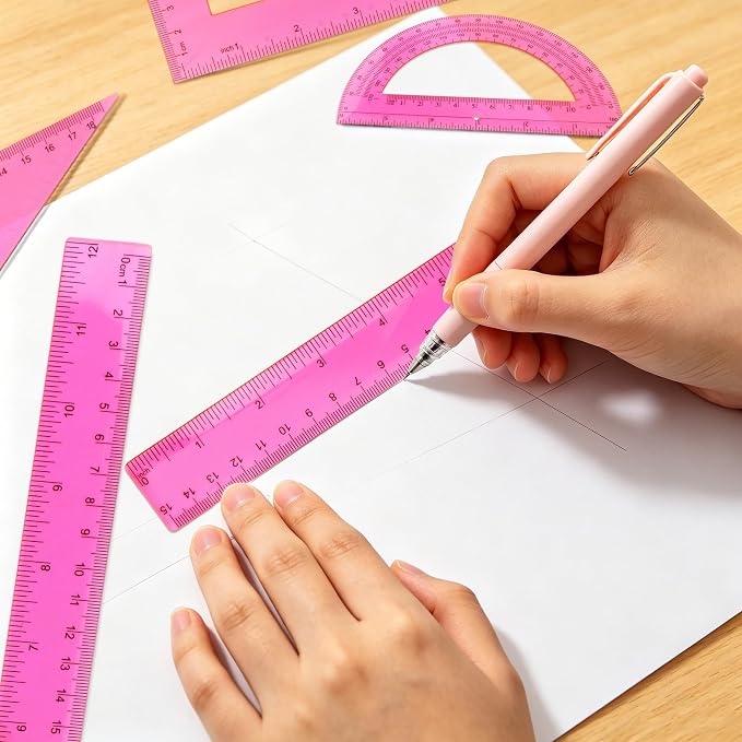 Plastic Clear Ruler Math Set - 6'' 12'' Transparent Straight Ruler, 4'' 6'' Protractor, 30/60 & 45/90 Triangle Ruler,Geometry Math Measuring Tool for School Home Office Drawing Teachers Kids Hot Pink