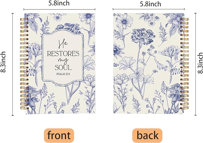 Christian Notebook for Women, Christian Gifts Journal, Prayer Journal for Women, Bible Journaling Notebook, PSALM 23:3 He Restores My Soul Floral Spiral Notebook 5.5x8.3