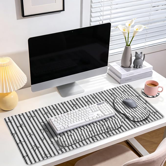 LIMKRIAN Black Striped Ergonomic Large Desk Mat Set with Wrist Rest | Non-Slip PU Base, Stitched Edges, Gel Wrist & Keyboard Rest Ease Pain, Ideal For Office/Gaming, Cute Home Office Decor