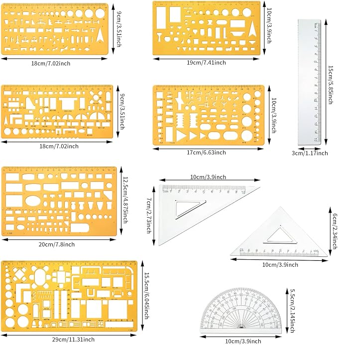 Zonon 10 Pcs Plastic Drawing Template Ruler Geometric Drawing 12 Inch Triangular Aluminum Architect Scale Measuring Templates Building Geometric Kit Plastic Ruler for Drafting(Stylish,Yellow)