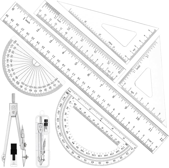 Coopay 7 Pcs Geometry Kit with Ruler, Triangle Ruler, Protractor and Compass Set | 12'' & 6'' Straight Rulers, 45°/60°Triangle Ruler, 6" & 4" Protractors, Compass, Geometry, Drafting, Math, School, Office