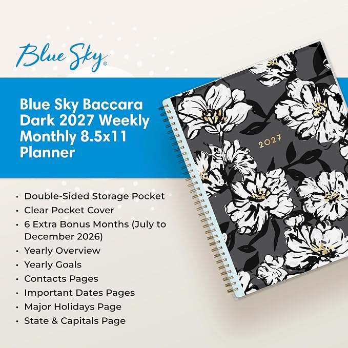 Blue Sky 2027 Weekly & Monthly Planner Calendar, 8.5"x11", Baccara Dark | January 2027 - December 2027, Clear Pocket Cover, Durable Twin Wire Binding, Laminated Tabs, Storage Pocket