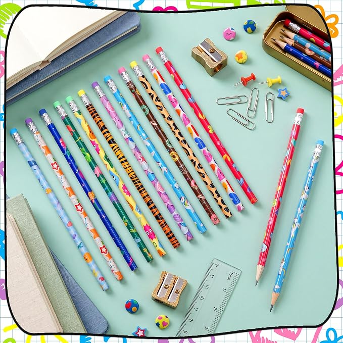 Chinco 200 Pcs Wooden Pencil with Eraser for Kids Colorful Pencils Bulk Writing Fun Assorted Novelty Kids Fun School Supplies for Classroom Gifts Teacher Student School Supplies (Cute Style)