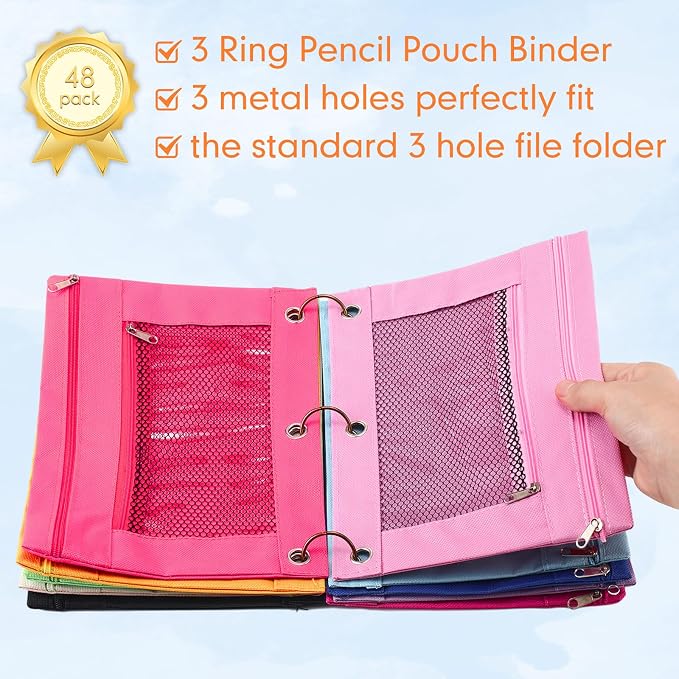 Leelosp 48 Pack Pencil Pouch for 3 Ring Binder Mesh Zipper Pencil Case Bags Binder Pouches Bulk for School Writing Utensils Storage Supplies (Vivid Colors)