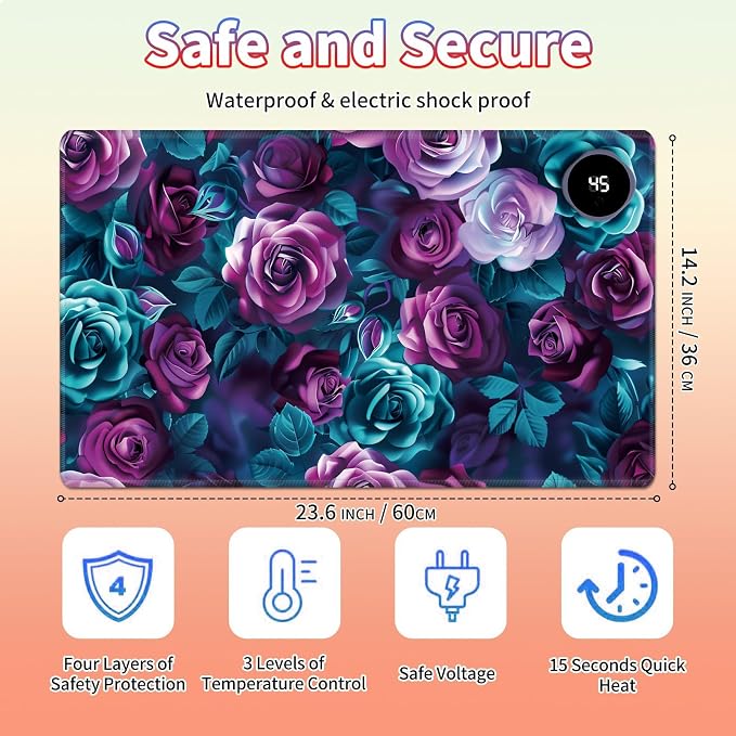 Heated Desk Pad Large Mouse Pad 23.6 x 14.1 inch with 3 Levels Heating & Auto Shut-Off Warm Mouse pad PU Leather Computer Mousepad for Home Office Work - Colorful Rose Flowers