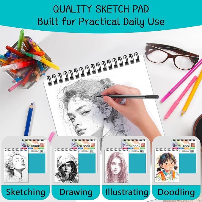WINNER 9" x 12" Sketch Book 4 Pack, 400 Sheets Spiral Bound Art Sketchbook, 68lb/100gsm White Acid Free Drawing Pad, Sketching Doodling Drawing Writing Sketch Pad, Art Supplies for Back to School