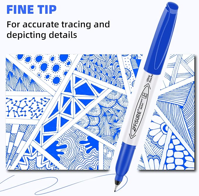 Blue Ultra Fine Point Permanent Markers, 18 Pack, 0.4 mm, Precision Extra Fine Tip for Detailed Writing, Art, Crafts & Labeling on Paper, Plastic, Glass, Metal, Waterproof, Fade-Resistant Ink
