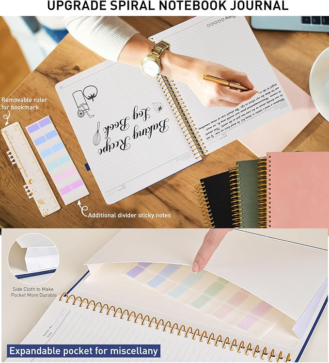 A4 Spiral Notebook Journal 8.5” x 11”, 256 Numbered Pages Hardcover Leather Journals for Women Men, Large Lined College Ruled Notebooks, 100GSM Thick Paper, Spiral Bound Journal for Work School, Navy