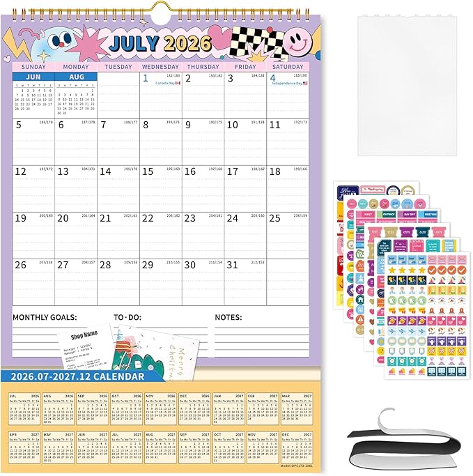 Ospelelf Wall Calendar 2026-2027 with Storage Pockets, 17" X 12" Monthly Large Planner Pad with Protective Cover and Stickers, for Family Fridge Office Teacher School, Use July 2026 to December 2027 Cartoon