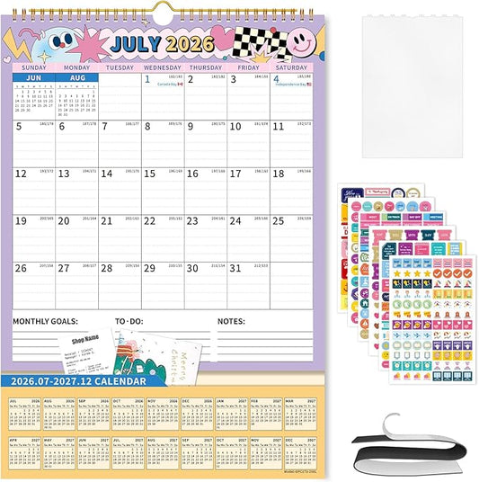 Ospelelf Wall Calendar 2026-2027 with Storage Pockets, 17" X 12" Monthly Large Planner Pad with Protective Cover and Stickers, for Family Fridge Office Teacher School, Use July 2026 to December 2027 Cartoon