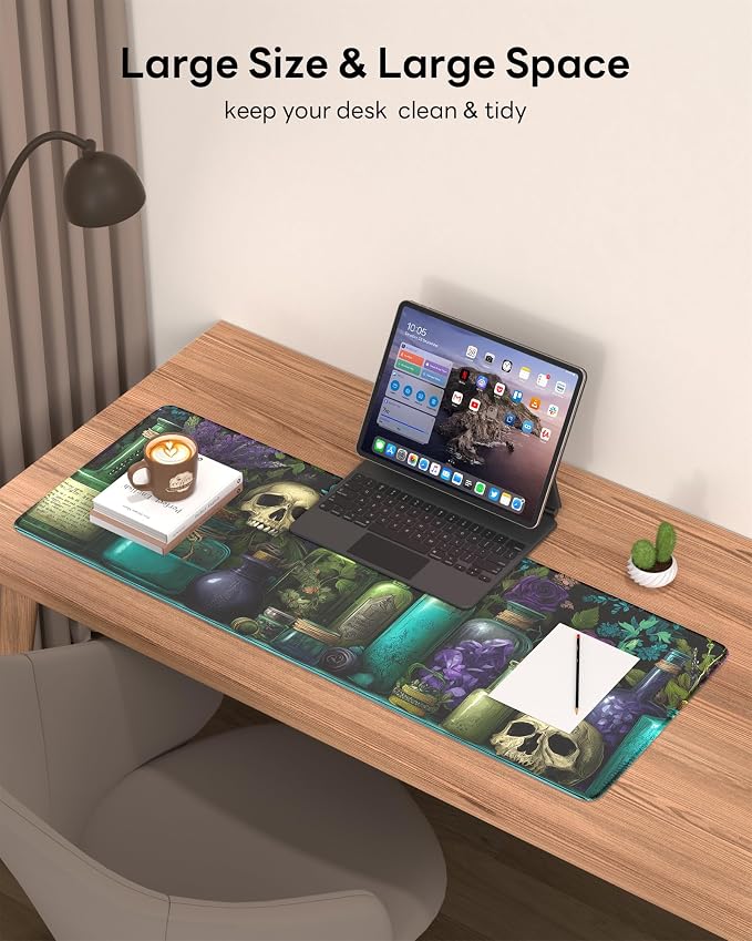 Skull Mouse Pad, 31.5 x 11.8 Large Desk Mat with Stitched Edges & Non-Slip Base, Mousepad for Office, Home, Work, Colourful Skulls