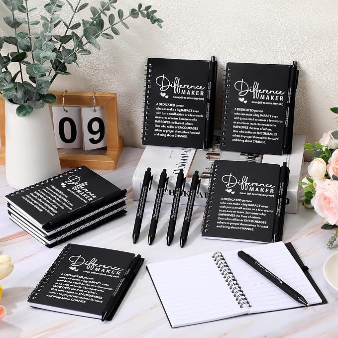 Resurhang 10 Sets Difference Maker Employee Appreciation Gift Bulk Inspirational A6 Spiral Notebook Journal Ballpoint Pens for Teacher Volunteer Coworker Team Back to School (Black)