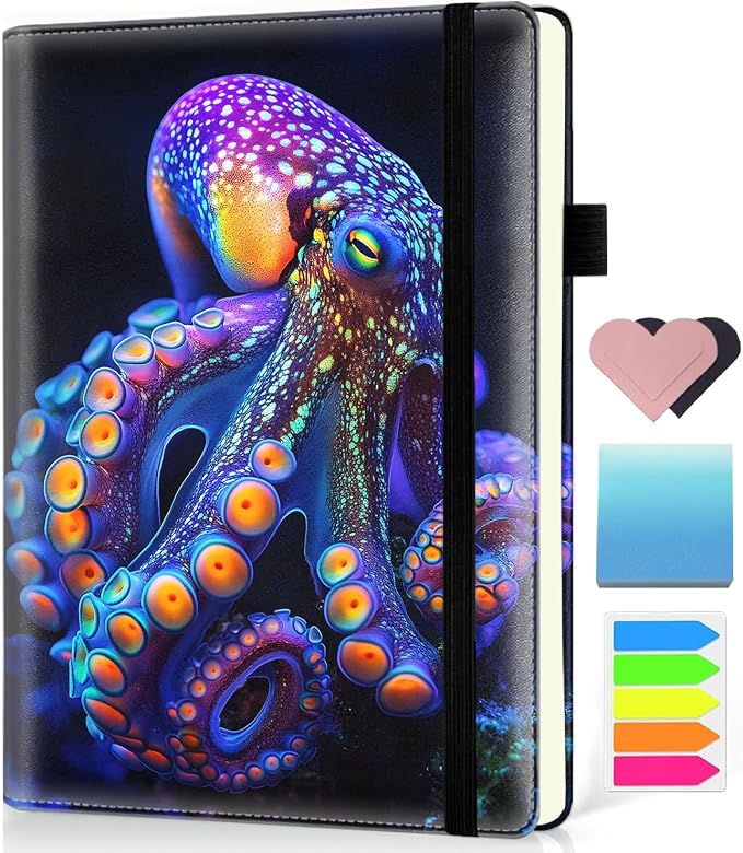 Hardcover Executive Notebooks, A5 PU Leather Lined Journal Notebook, 200 Pages Thick Paper Subject Notebooks for School,Work,Home Writing Business Notebook, Diary Book ，Neon Octopus