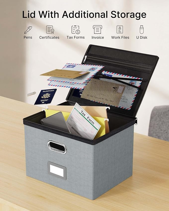 Oterri File Box Large 1-Pack Hanging Organizer for Letter/Legal-Size Folder | Dustproof Lid. 3 Mesh Pockets. Collapsible Scratch-Resistant GRS Linen. Slide Rails. Office, Home, Dorm