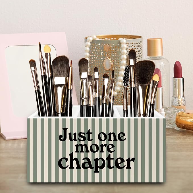 Book Lover Classroom Pen Pencil Holder Organizer for Desk, Just One More Chapter Bookish Striped Wooden Box Signs Decorations for Reading Nook Room Library Desk Tabletop, Book Lover Reader Gifts