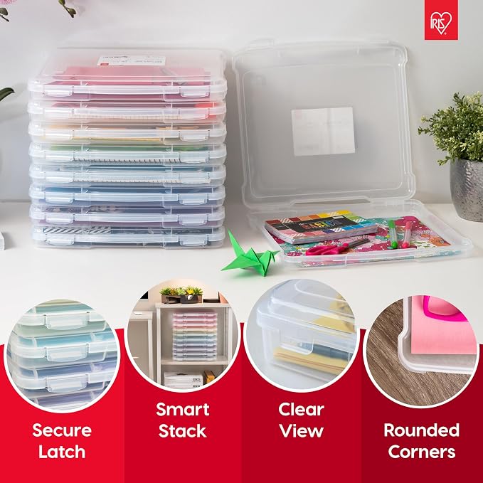 IRIS USA Board Game Storage Craft Organizer Box with Snap-Tight Latch Lid, 8-Pack Portable Plastic Case Bin for Puzzles, Magazines, Hobbies, Art Supplies, Fits 8.5" x 11" & A4 Papers, Slim, Clear
