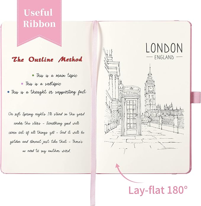 Blank Journal/Notebook - Classic Notebook/Journal with Ribbon Divider, Hardcover with Thick Paper, 5.3'' x 8.26'', Banded + Pen Holder +Inner Pocket - Pink
