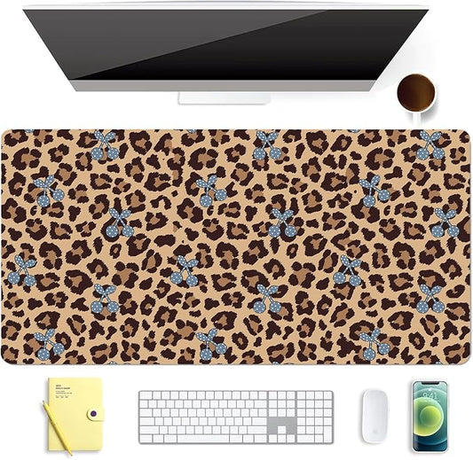 Cherry Leopard Print Leather Desk Mat Extended Gaming Mouse Pad | Non-slip Large Writing Pad Laptop Blotter Computer Keyboard Mat | Cute Brown Desk Protector for Home Office 23.6" x 11.8"