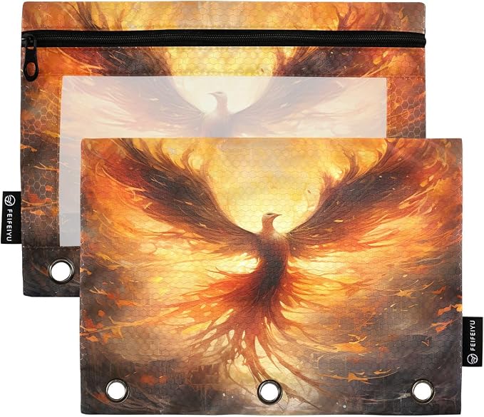 ALAZA Pencil Pouch for 3 Ring Binder, Fire Phoenix Bird Binder Pencil Pouches with Clear Window Zipper Pencil Case Cosmetic Bags for Office College Supplies, 2PCS