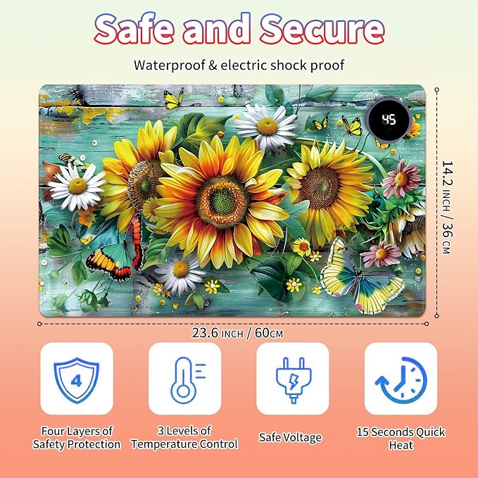 Heated Desk Pad Large Mouse Pad 23.6 x 14.1 inch with 3 Levels Heating & Auto Shut-Off Warm Mouse pad PU Leather Computer Mousepad for Home Office Work - Flower Butterflies