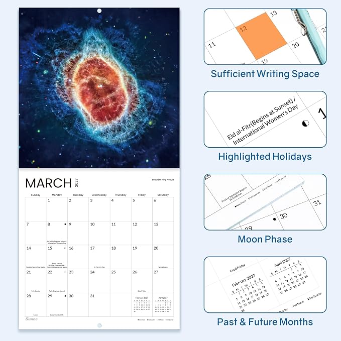 SUNEE Calendar 2026-2027 for Wall, 2027 Large Wall calendar 12x12 Inches with 16 Months from September 2026 to December 2027, Thick Glossy Paper, 12" x 24" (Open), Space, Universe