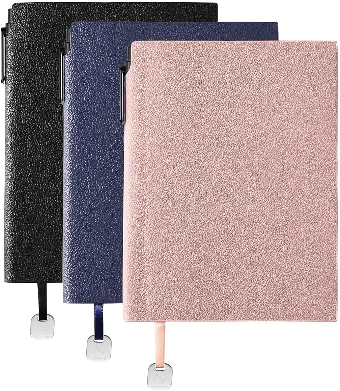 Wisefine Lined Journal Notebook for Women A5 Softcover PU Leather Journals for Writing 160 Pages Daily Journaling Ruled Notebooks for Work Note Taking 6.38'' X 8.28'' (3pack-Pink/Navy Blue/Black)