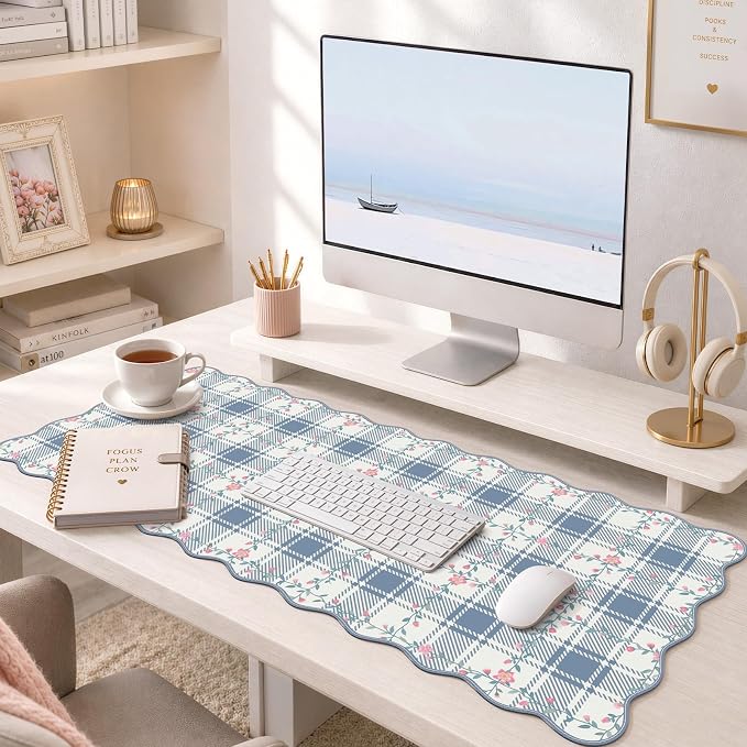iCasso Leather Scalloped Checkered Mouse Pads for Desk, Aesthetic Floral Computer Mat, Back to School XXL Desk Mat for Keyboard and Mouse, Mousepad with Stitched Edges, Keyboard Pad(Light Blue)