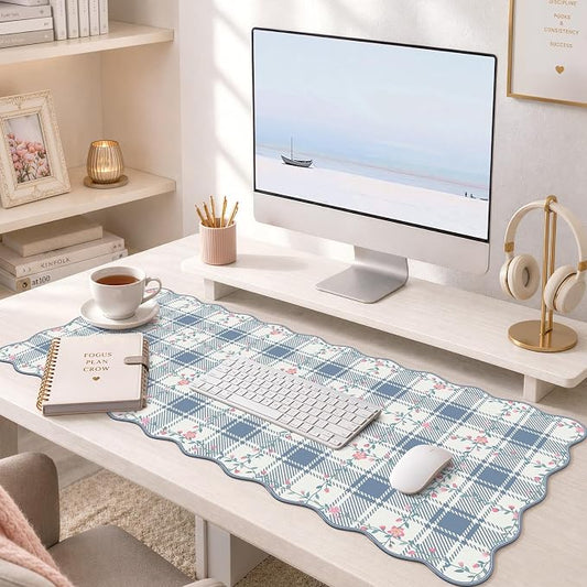 iCasso Leather Scalloped Checkered Mouse Pads for Desk, Aesthetic Floral Computer Mat, Back to School XXL Desk Mat for Keyboard and Mouse, Mousepad with Stitched Edges, Keyboard Pad(Light Blue)