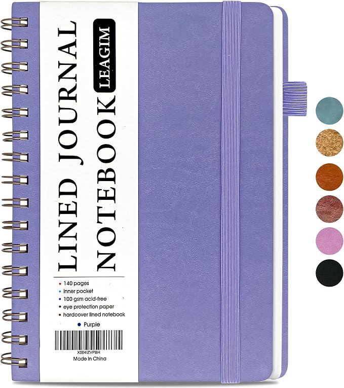 LEAGIM Lined Spiral Journal Notebook for Women & Men, College Ruled Hardcover Notebook for Work & Note Taking, Journals for Writing, 100 GSM, Business, School, 140 Pages, A5(5.8"x8.5") - Purple