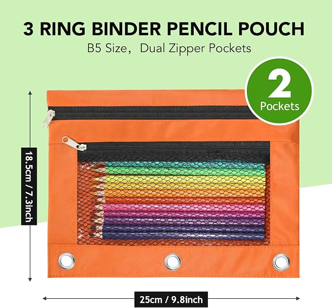 Pencil Pouch for 3 Ring Binder, Heavy Duty Canvas Dual Zipper Pen Bag with Clear Window, Smooth Metal Zipper, Fit Standard 3-Ring Binders for School Office Travel Supplies (Orange)