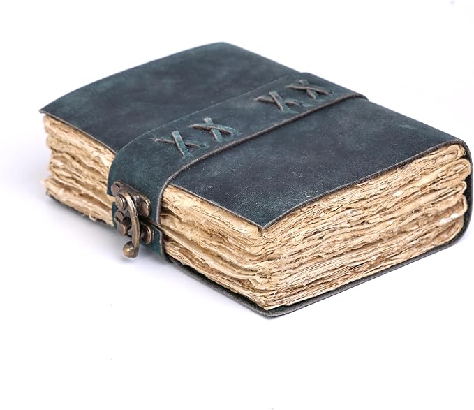 Leather Bound Vintage Journal for Women & Men – Book of Shadows – Lock Closure – 200 Pages of Antique Deckle Edges Handmade Paper (Pine Green, 6 x 4 inches)