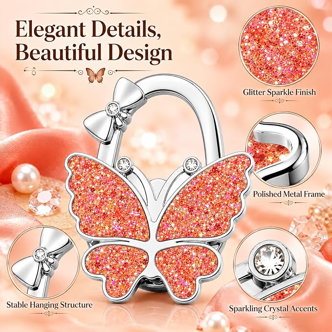 Purse Hook for Table, Foldable Handbag Hanger for Women, Portable Bag Holder with Non-Slip Base, Cute Red Glitter Butterfly Purse Table Hook for Restaurant Office Travel Gift