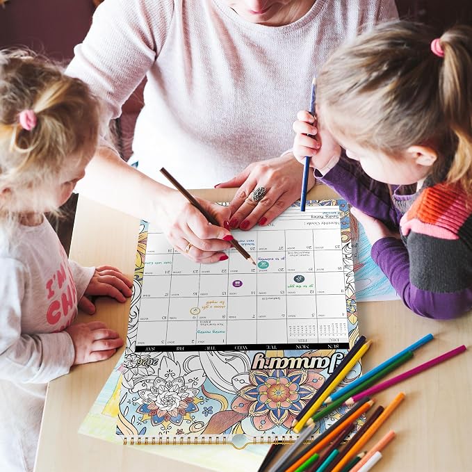 Ospelelf Wall Calendar 2026 - 2027 Hanging Coloring Calendar 12'' x 17'', Monthly Kids Calendars Planner with Plastic Cover, 18 Month Doodle Calendar for Family, Office, Use Jan 2026 - June 2027, Floral