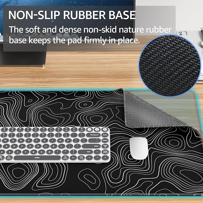 KTRIO Large Gaming Mouse Pad, 31.5 x 15.7 in, Black Topographic, XXL | Smooth Micro-Weave Surface, Artistic Pattern Design, Non-Slip Rubber Base, Durable Stitched Edges, Office & Home Use