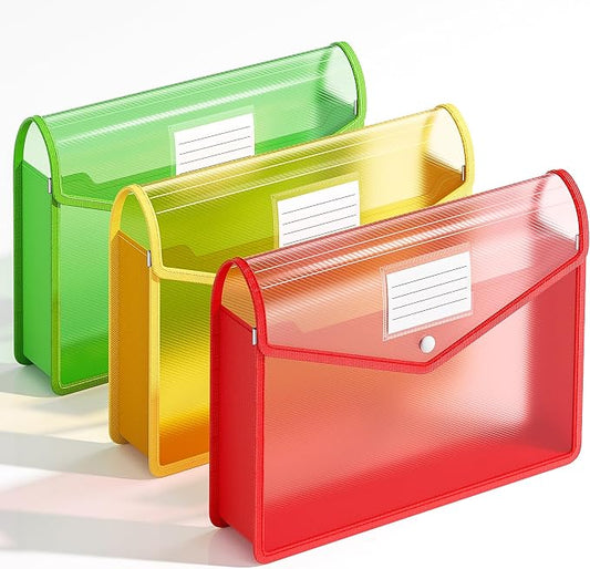 Plastic Expanding File Folder, Transparent envelopes with Snap Closure | Large Capacity, No Dividers, Bills & Taxes, Fit Legal/B4 Size for School / Office / Home / Hospital, 3 Pack-3 Colors