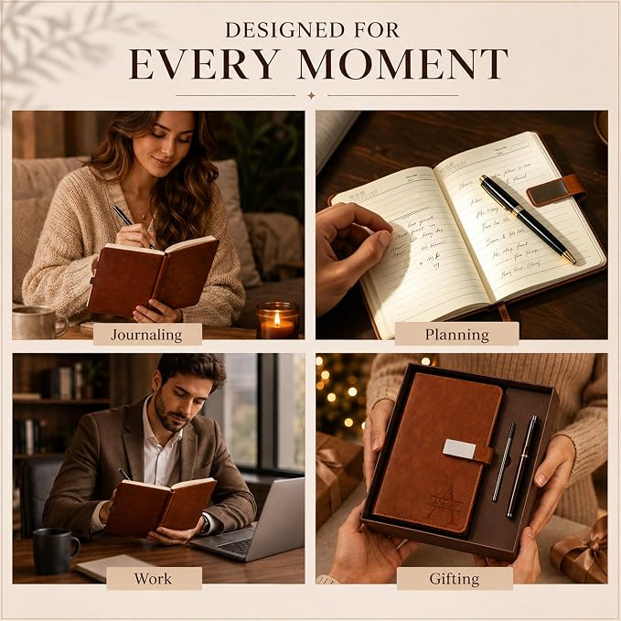 CRME Personalized Leather Journal with Pen and Gift Box,Engraved A5 Hardcover Notebook with Custom Name,Personalized Notebook and Pen Set for Office Work Travel,5.8"x 8.3",Blue