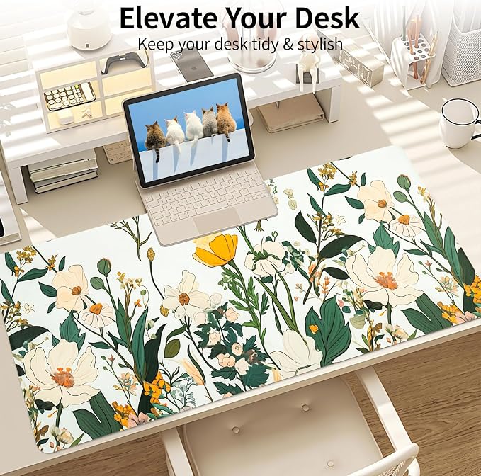 Floral Desk Mat (31.5"x15.7") | Waterproof, Leather, Mouse Pad